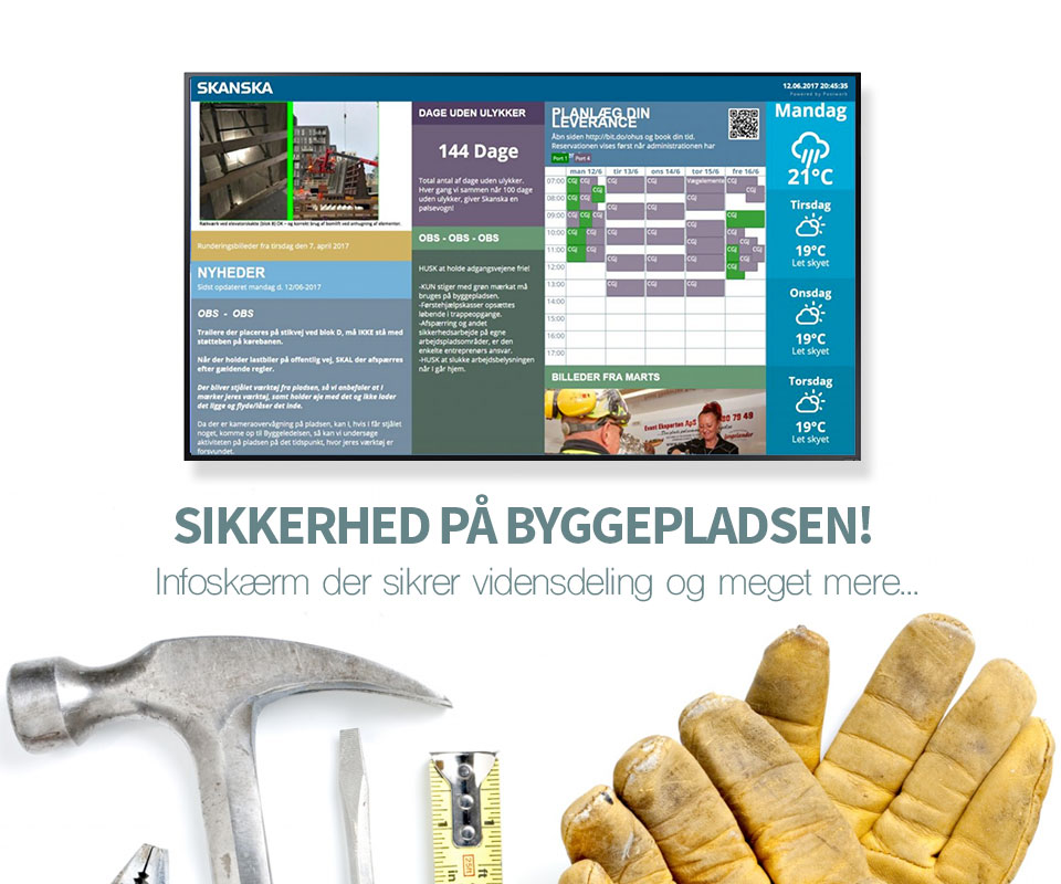 Digital signage til virksomheder anvendes som infoskærm med sikkerhedsinformation til byggeplads