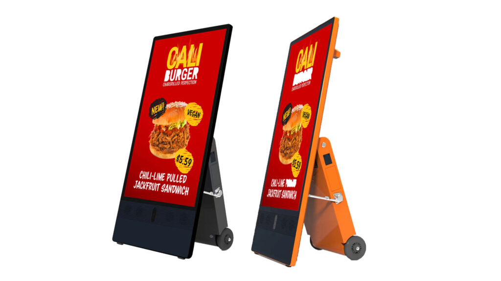 Digitalt A-skilt med batteri med 1500 nits i sort og orange design på hvid baggrund.